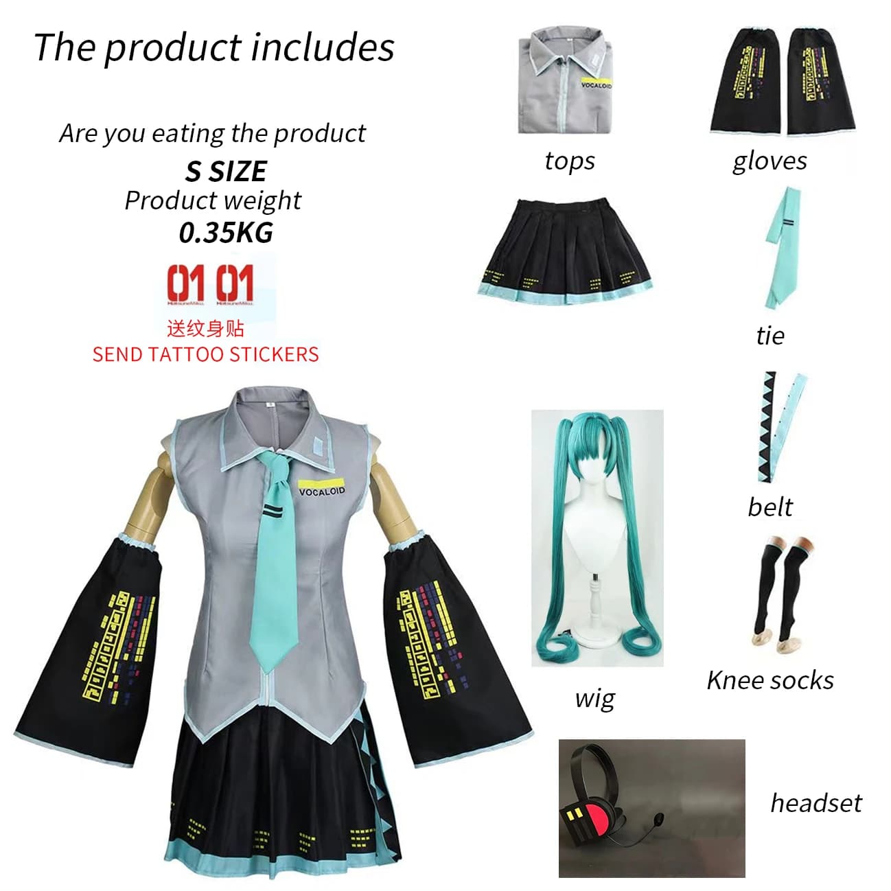 Abiti da performance per personaggi anime Hatsune Miku MIKU Abiti anime Abiti cosplay Gonna JK Stesso vestito Accessori per parrucche Halloween