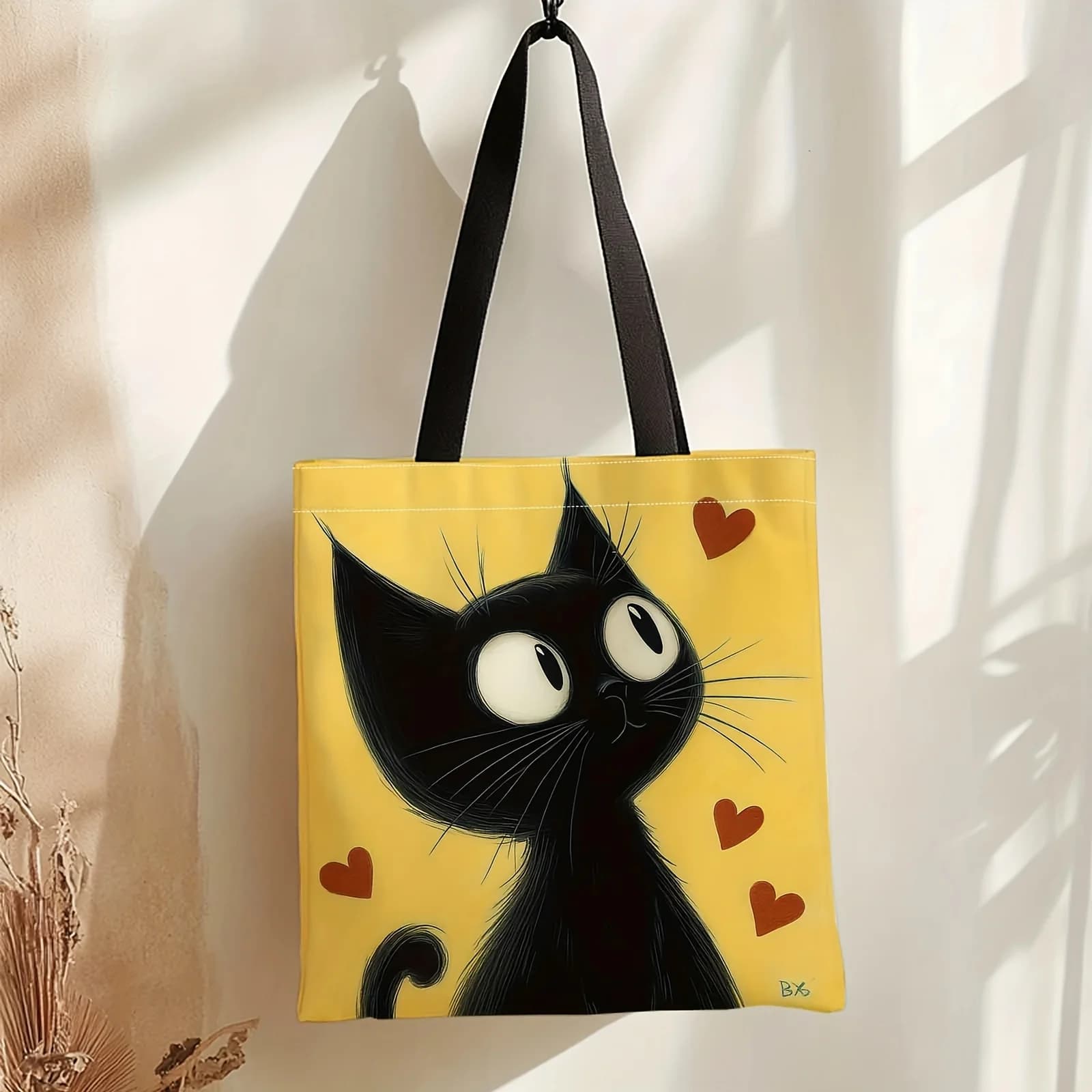 Simpatica borsa tote con gatto nero e cuori - Borsa a tracolla con gattino cartone animato beige e giallo senape con doppia maniglia