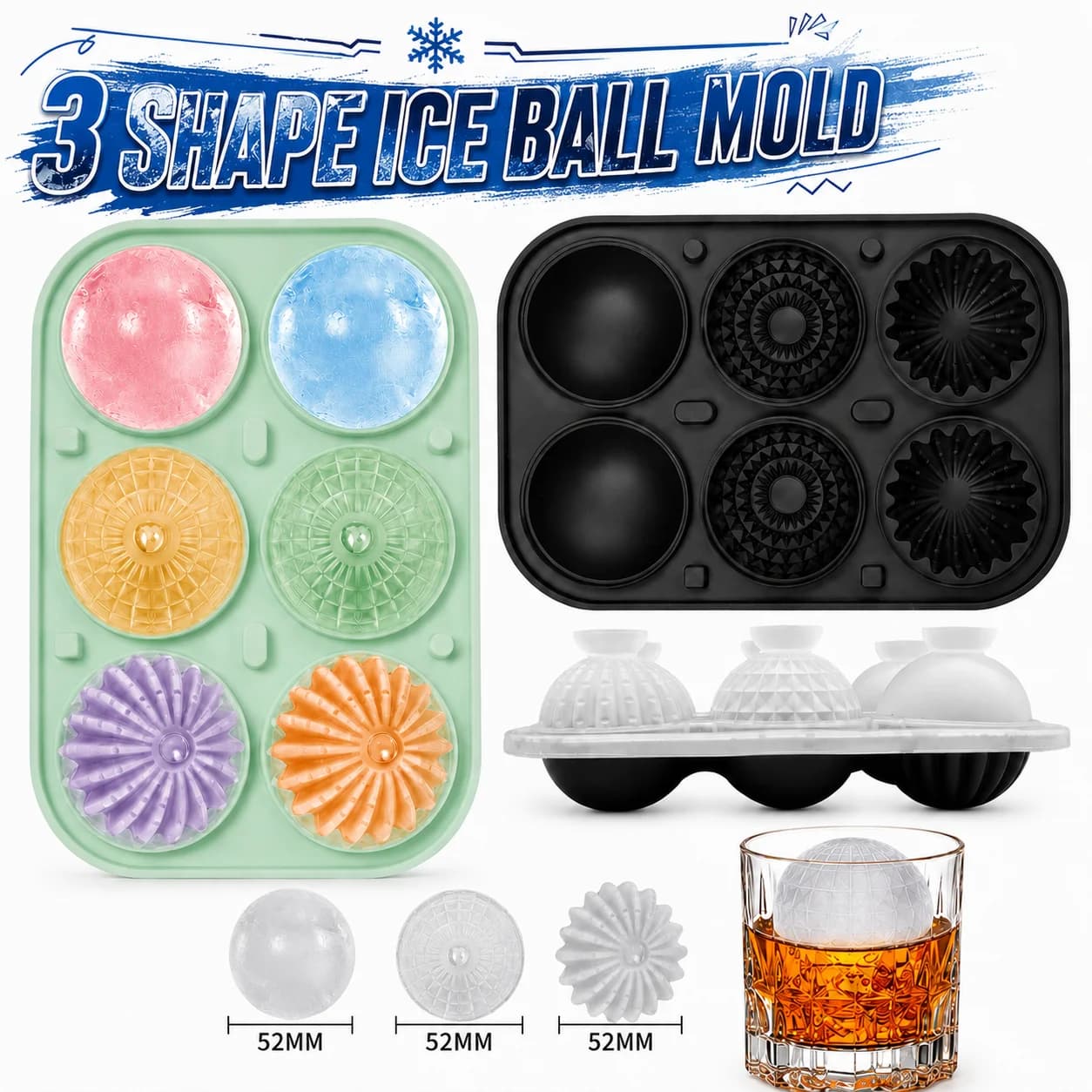 1/2 Pack Large Whiskey Ice Cube Mold 6 Cavity Silicone Round Sphere & Diamond Ice Ball Maker Mold Combo Tray With Funnel Lid