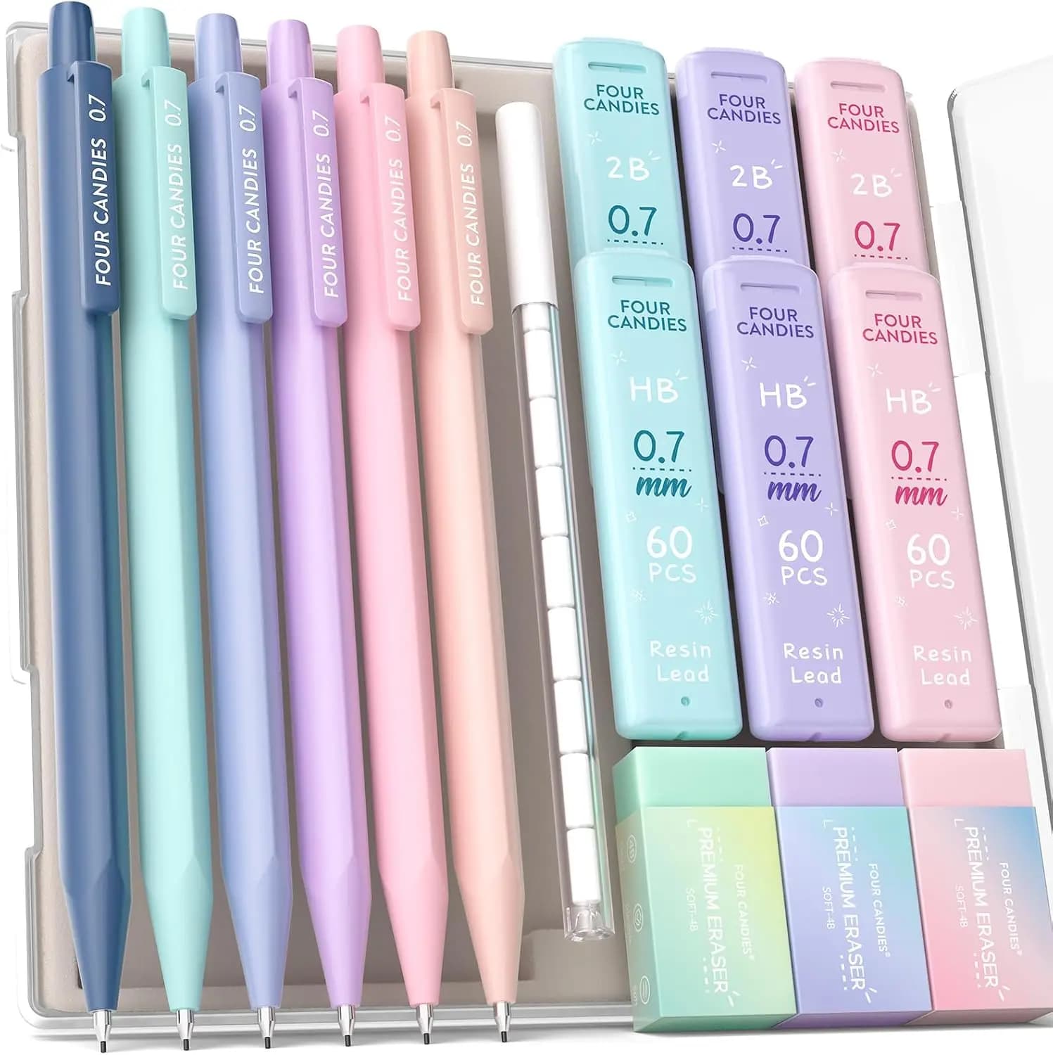 Cute Mechanical Pencil Set, 0.7mm, 6-Pack with 360 Leads & Erasers, Triangular Grip, Storage Case, for School Homework & Journaling