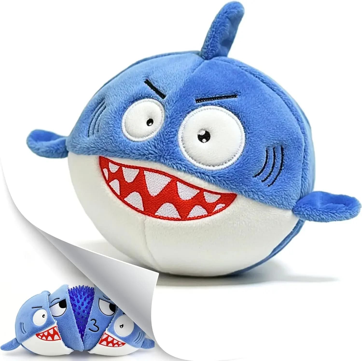 Giocattolo per Cani 3-in-1 in Peluche con Squeaker per Masticatori Aggressivi, Senza Imbottitura, Squalo Blu con Palla, Confezione Regalo