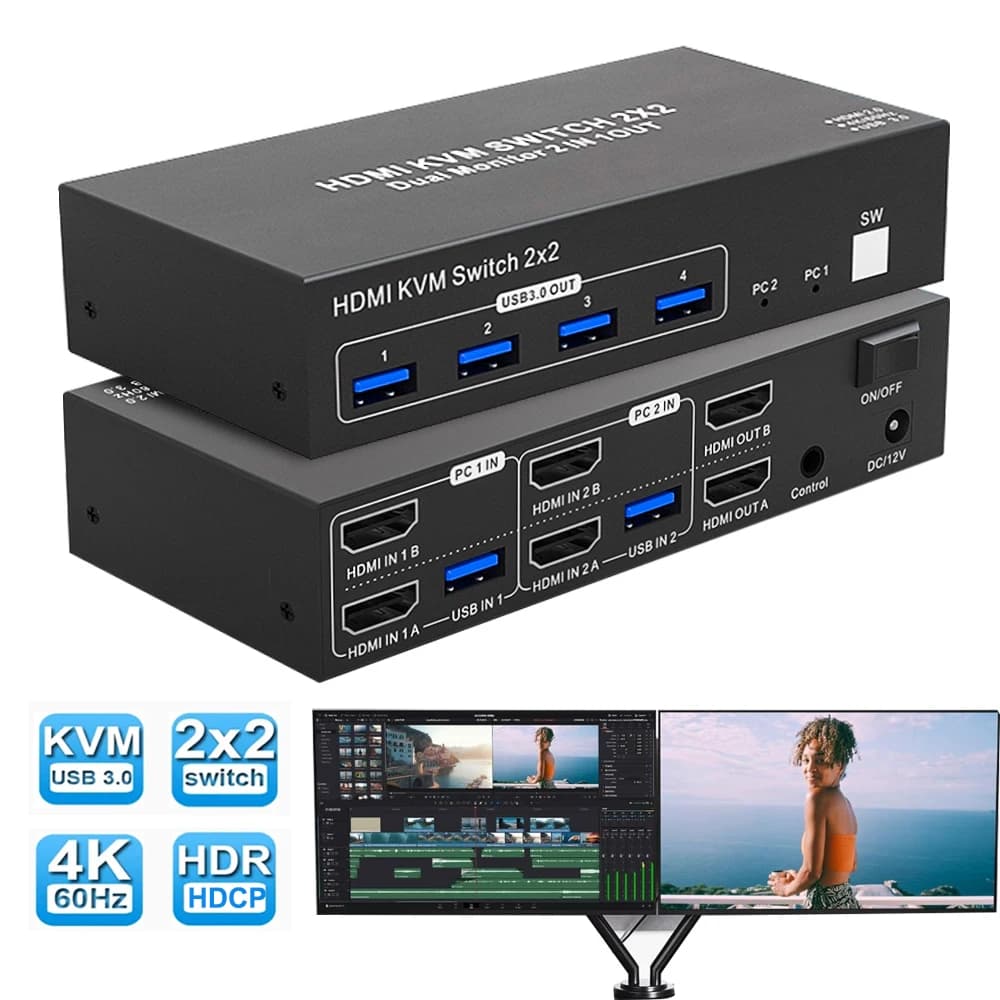 2 x2 KVM Switch Dual Monitor 4k 60Hz HDMI 2.0 KVM Switch Display esteso HDMI DisplayPort USB 3.0 KVM Switch 2 in 2 out per PC