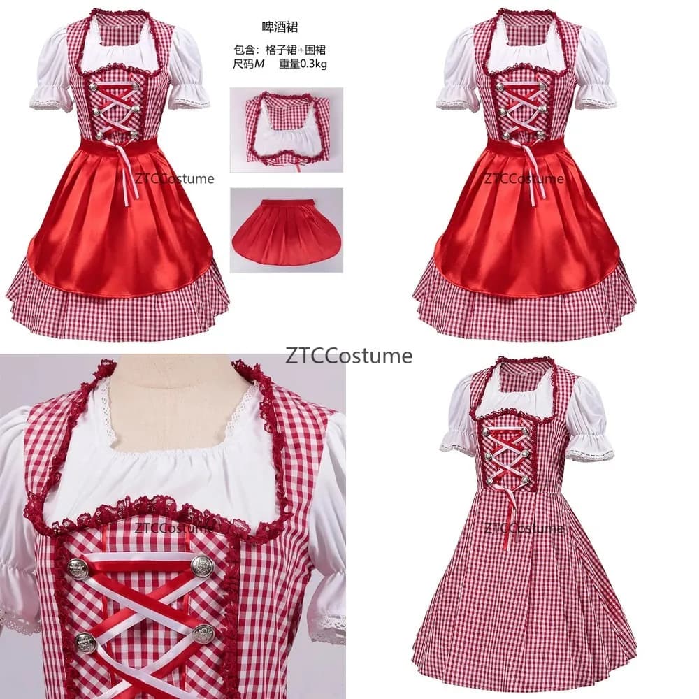 Costume Oktoberfest Bavarese Tedesco, Abito Dirndl con Camicetta, Gonna e Grembiule, Rosso a Quadri, Outfit per Festival della Birra e Feste in Maschera