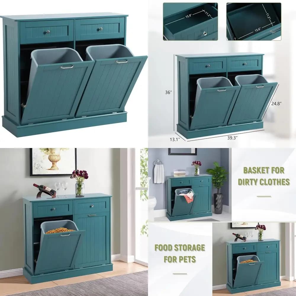 Armadio da cucina indipendente in legno con doppio porta pattumiera e contenitore per il riciclaggio a prova di cane