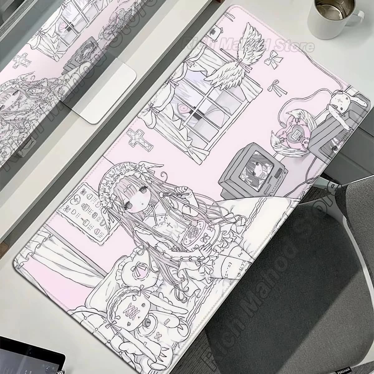 VIKAMA Cute Kawaii Anime Pastel Pink Sketch XXL Desk Mat Non Slip Rubber Gaming Mouse Pad Teen Girl Student Tabletop Home Decor