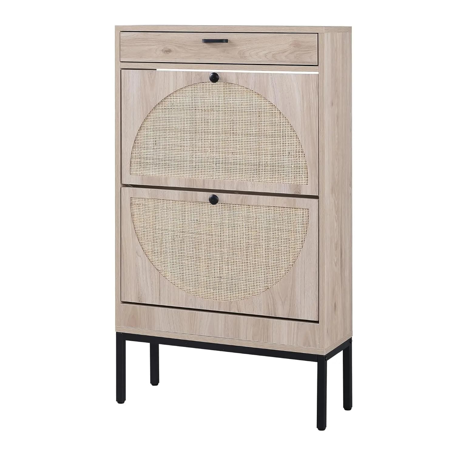 Semi Circle Rattan Shoe Cabinet with 2 Flip Drawers & Adjustable Shelf, Freestanding Storage Organizer for Entryway, Customized