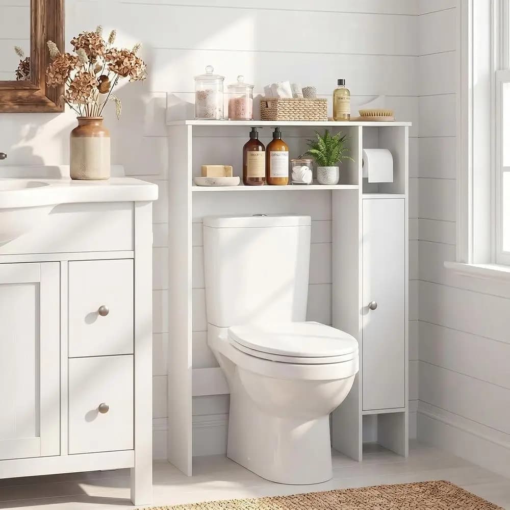 Space-Saving Over Toilet Cabinet with Adjustable Shelves and Paper Holder, White