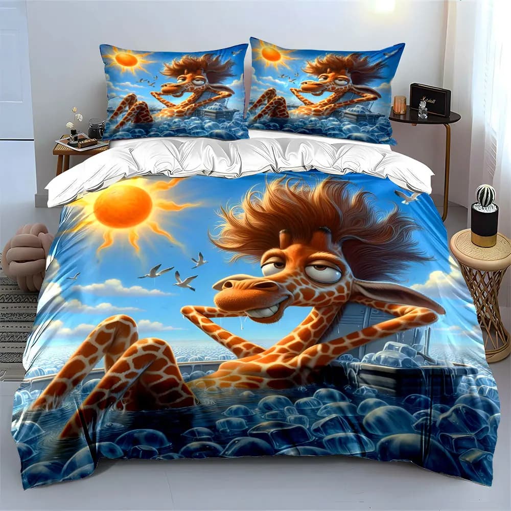 Giraffe Relaxing in Ice Bath Printed Duvet Cover Set 1 Duvet Cover+2 Pillowcase Multi Size Bedroom Bedding Decoration