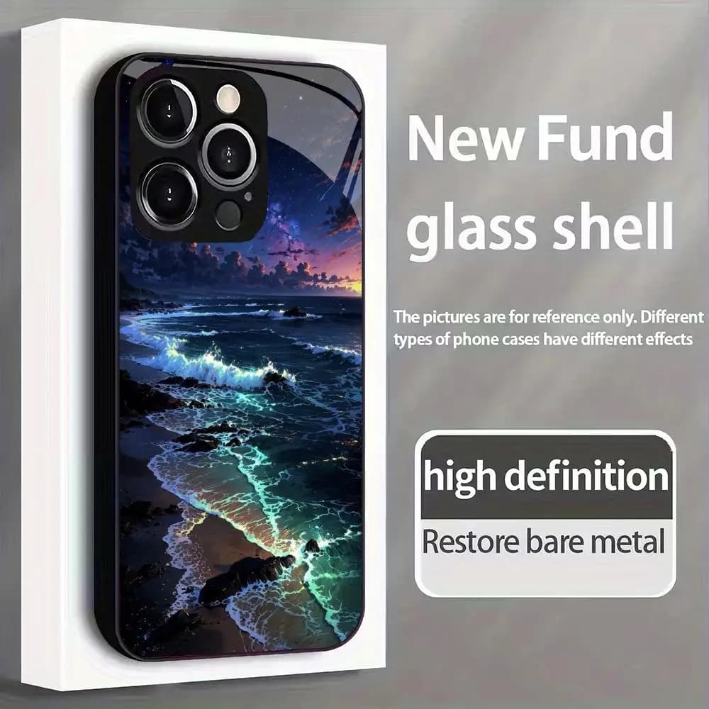 Fluorescent beach tempered glass phone case suitable for iPhone 17 16 15 14 13 12 11 Pro/Max/Plus anti drop and shockproof