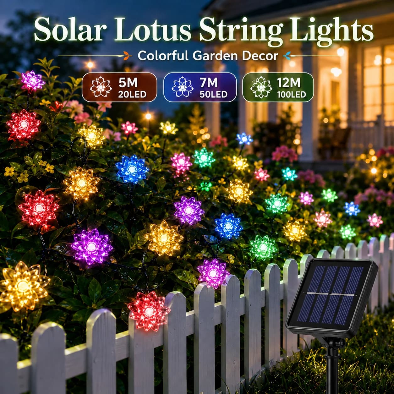 Solar Lotus Flower Lights 5M/20LED 7M/50LED 12M/100LED 8 Modes Auto On for Garden Fence Patio Pathway Party Christmas Decor