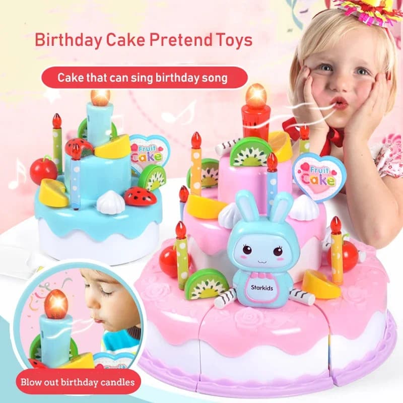 Giocattolo per bambini Simulazione Torta di compleanno fai-da-te Modello Cucina Giochi di finzione Torta da taglio Giocattolo con luce e musica che soffia candele Regalo per ragazza