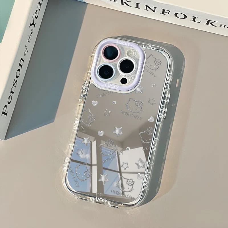 Custodia a Specchio Trasparente Argento Hello Kitty per iPhone 17 Pro Max, Compatibile con 15, 14, 16 Plus, 13, 12, 11 Pro, X, XS, XR, 16E, 17 Air