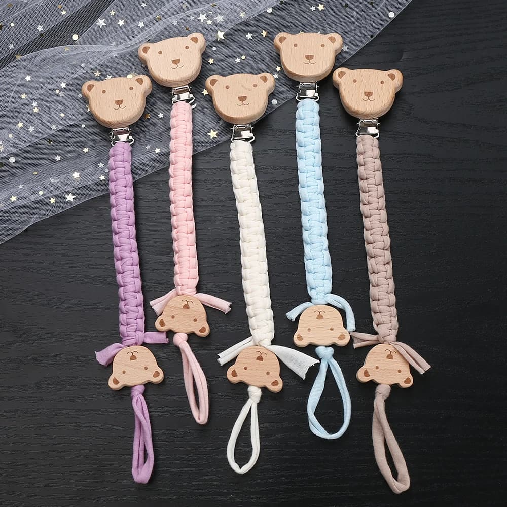 Clip per catena per ciuccio per bambini Clip per capezzoli per succhietto per animali in legno per corda di cotone all'uncinetto Catena per porta ciuccio Giocattoli per allattamento Regalo per la doccia