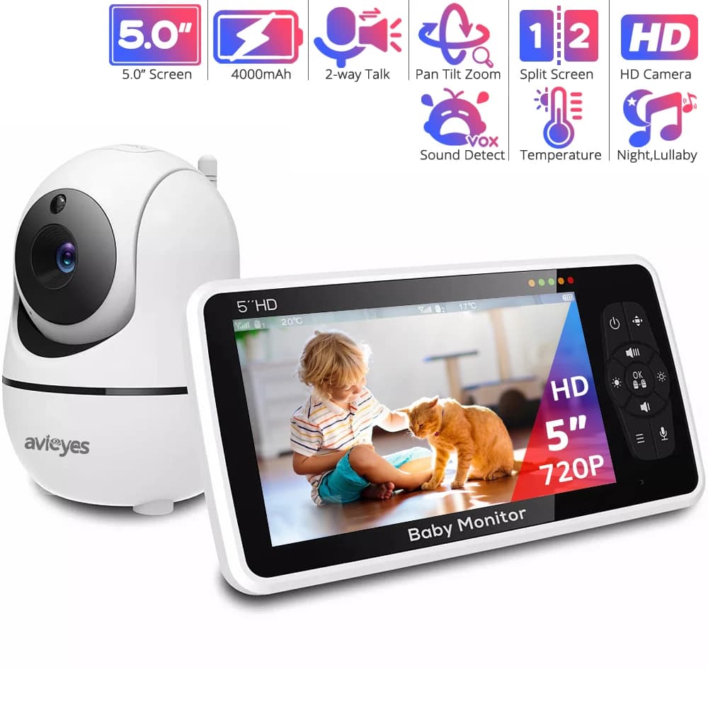 5 Inch HD Video Baby Monitor with Pan-Tilt-Zoom Nanny Baby Camera 2-way Talk Night Vision Baby Phone 22-Hour Battery Babysitter