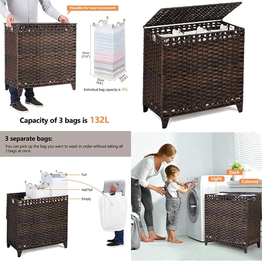 Laundry Hamper with 3 Removable Liner Bags; 132L Handwoven Rattan Laundry Basket with Lid Heightened Feet; Clothes Hamper with
