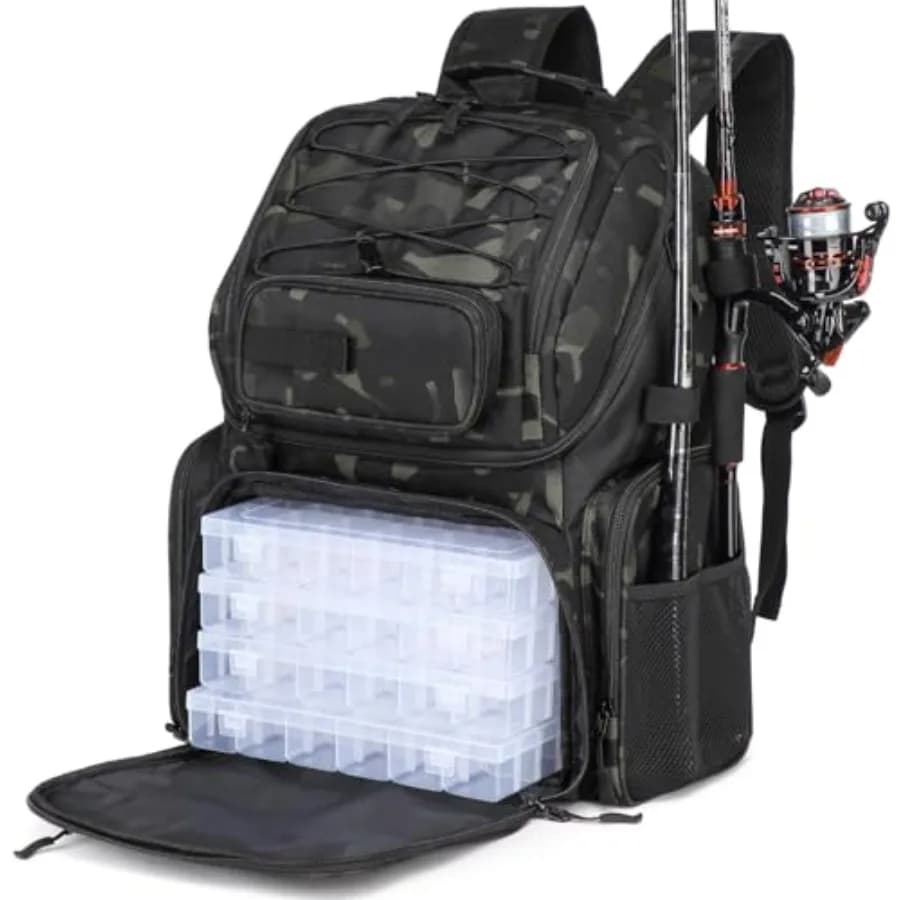 Zaino da Pesca 50L Impermeabile con Scomparto Termico e Portacanne per Uomo Nero Resistente per Attrezzatura da Pesca all'Aperto