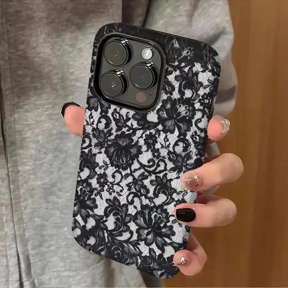 Black Lace Floral Vine Phone Case For IPhone 17 16 15 14 13 12 11 Pro Max Mini X XR XS MAX 78Plus Single Double-layer Tough Case