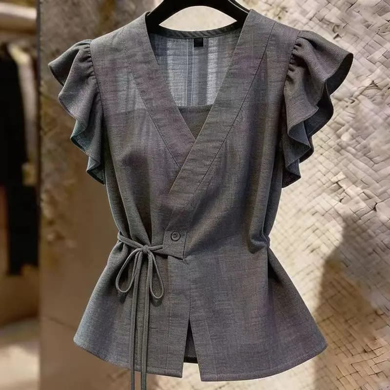 Temperament Bandage Solid Irregular Shirt Tops Summer Short Sleeve Ruffles All-match Vintage Blouse Fashion Office Women Clothes