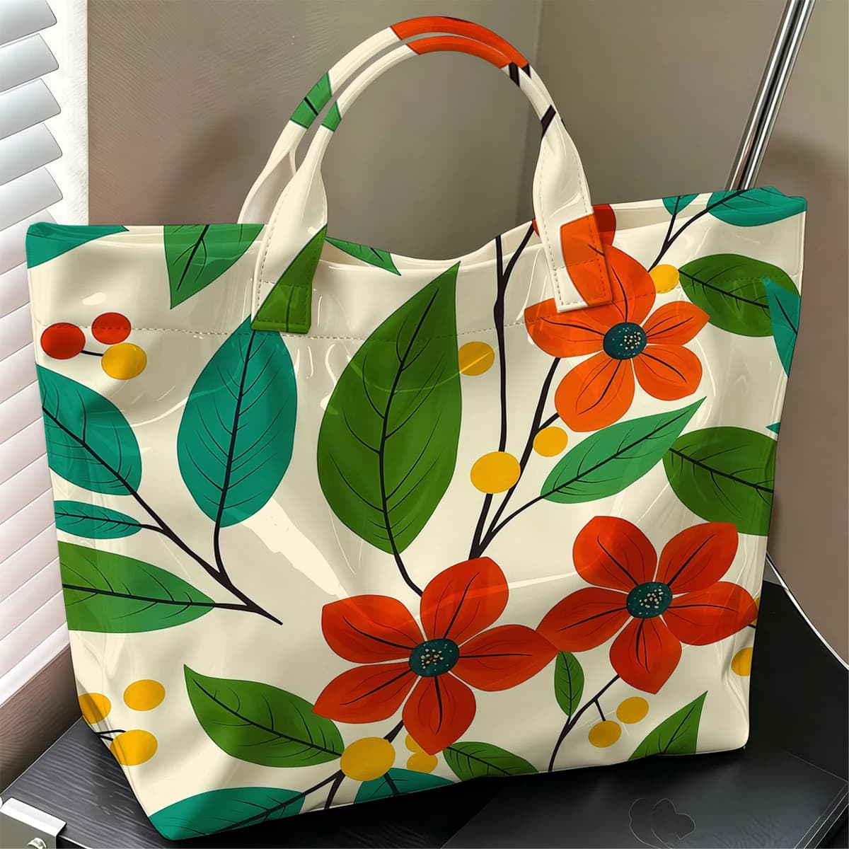 Red Floral Leaf Fashion Large Glossy PVC Tote Bag Hand Washable Waterproof Perfect Travel Commute Cosmetic Storage Shopper
