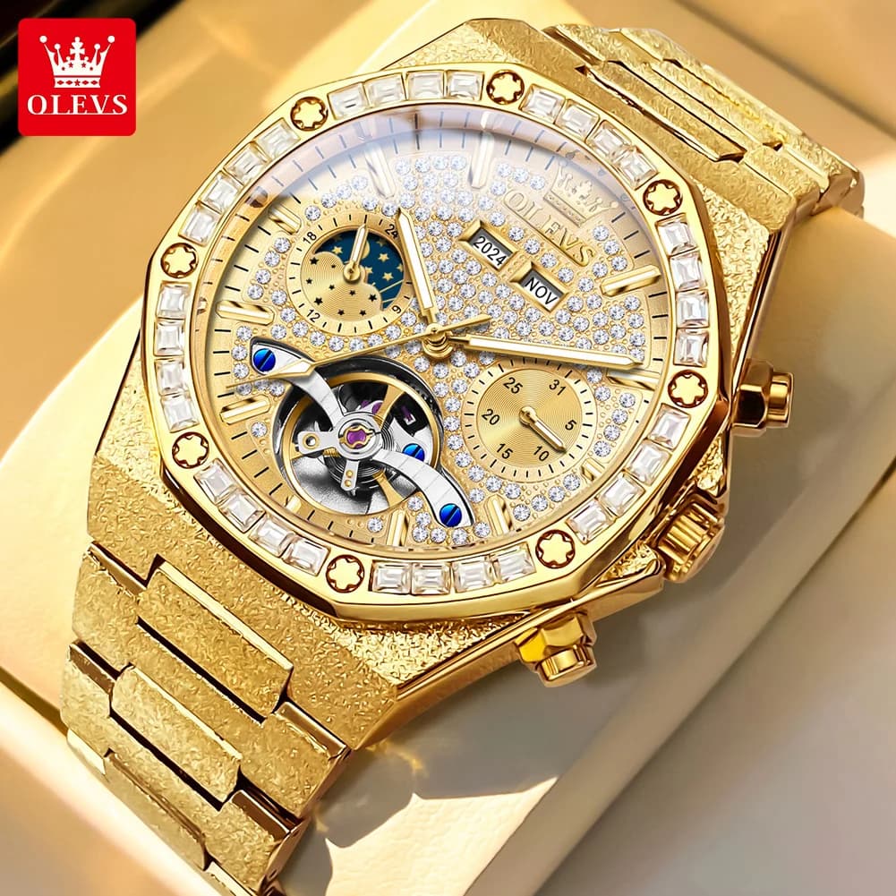 OLEVS 9805 Tourbillon Men's Watch Fashion Lunar Phases Calendar Week Waterproof Mechanical Clock Fully Automatic Luxury Reloj