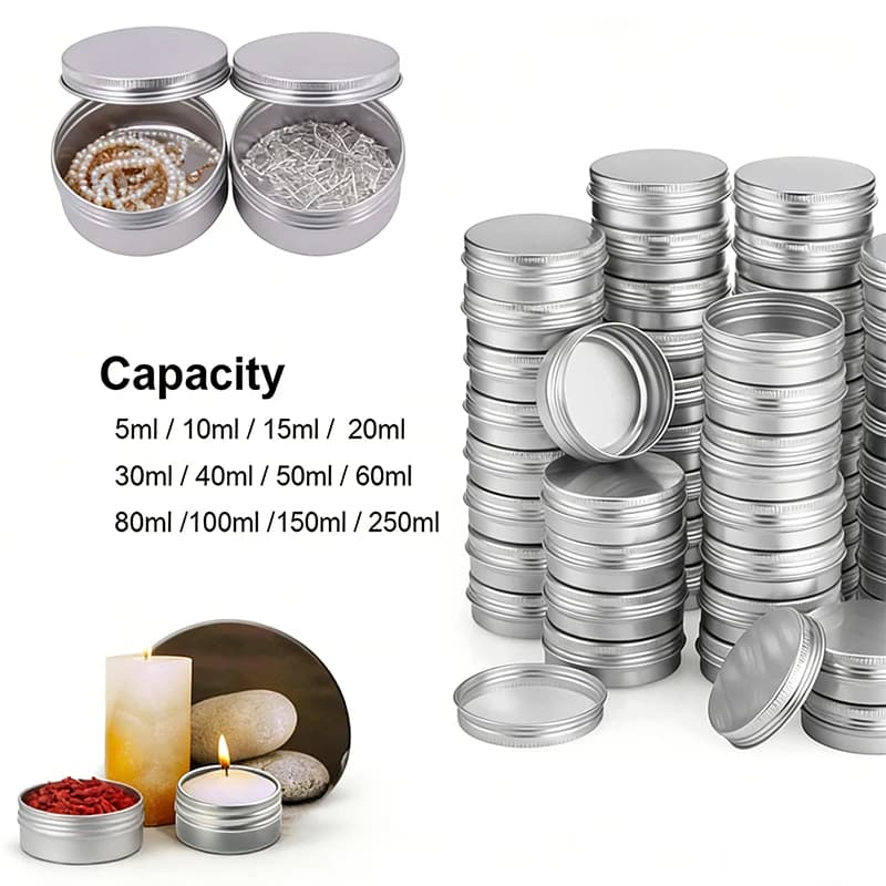 10 Pezzi di Barattoli Vuoti in Alluminio Argento da 5ml-250ml, Contenitori Rotondi con Tappi a Vite per Candele e Spezie