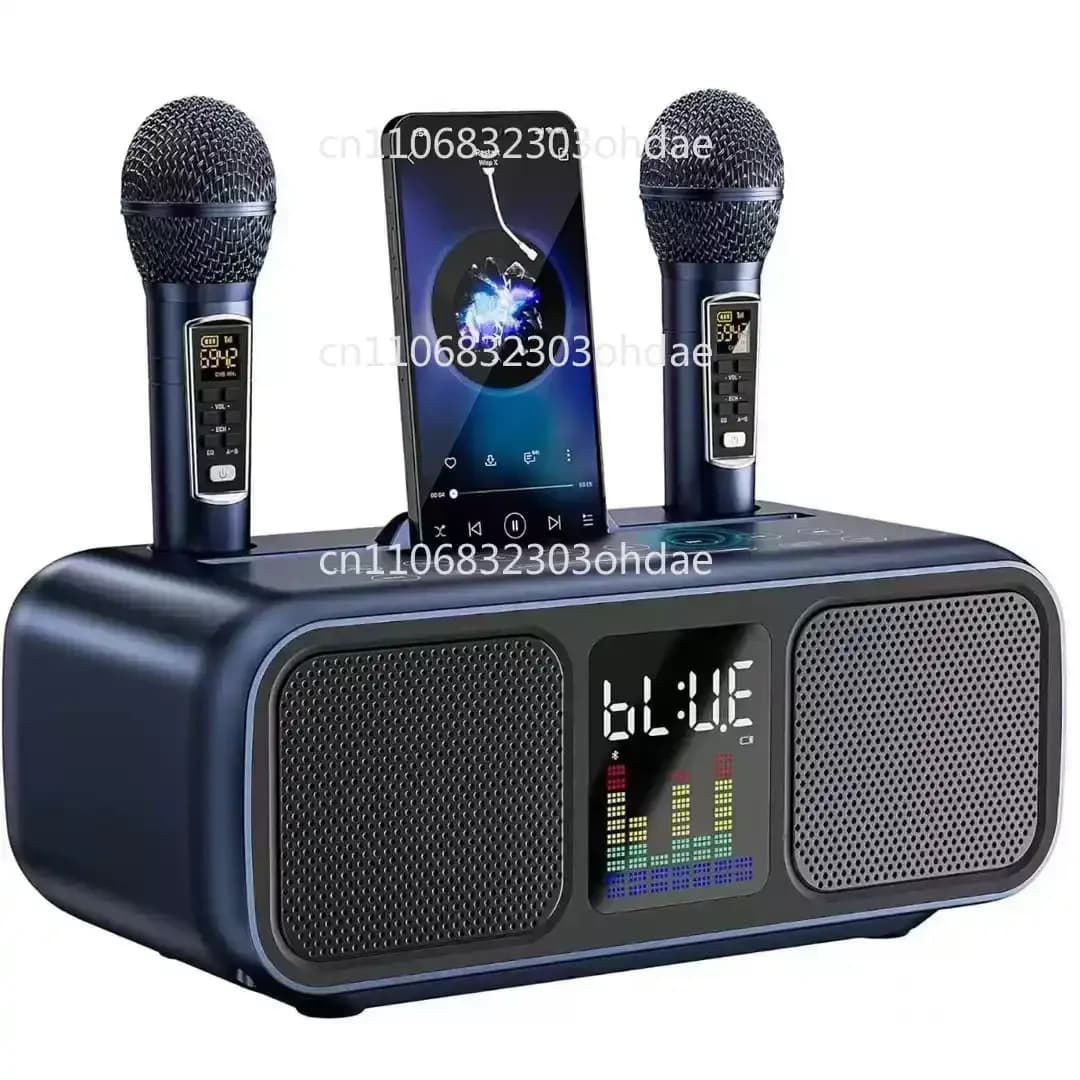 Lettore Karaoke 2-in-1 con Altoparlante Bluetooth e Microfoni Wireless, Macchina Karaoke Domestica con Supporto per Telefono per Canto in Famiglia