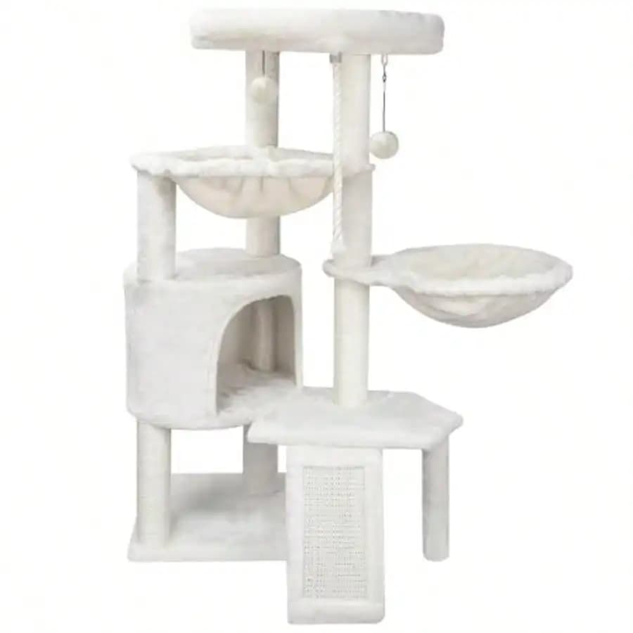 Three Layer Cat Tree With Cat Condo Scratch Pad And Two Hammocks, Beige