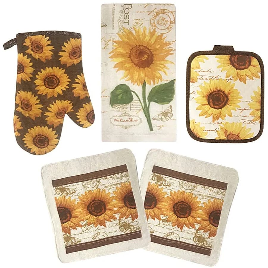 Sunflower Decor Set Oven Mitts and Pot Holders - Kitchen Towels and Dish Cloths Sets - Oven Mitts - Tea Towels - Dish Cloths Se