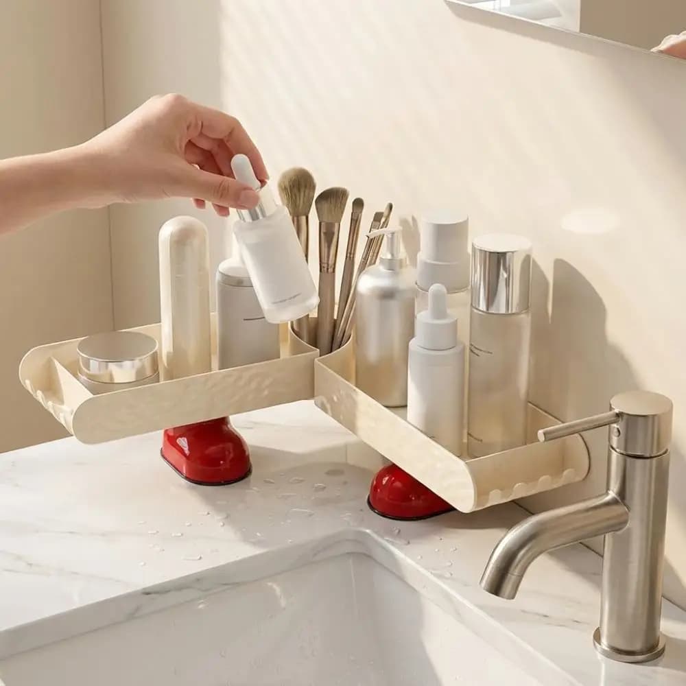 U-shaped Bathroom Storage Rack Dual-grid No-Drill Faucet Sink Shelf Space Saving Large Capacity Sink Drying Rack Mirror Front