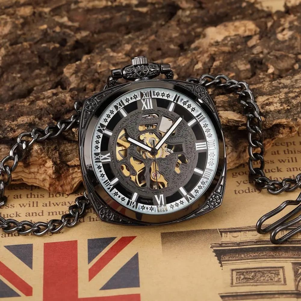 Orologio da Tasca Meccanico Quadrato Nero - Orologio Scheletrato Gotico con Numeri Romani e Incisione a Stella per Uomo e Donna