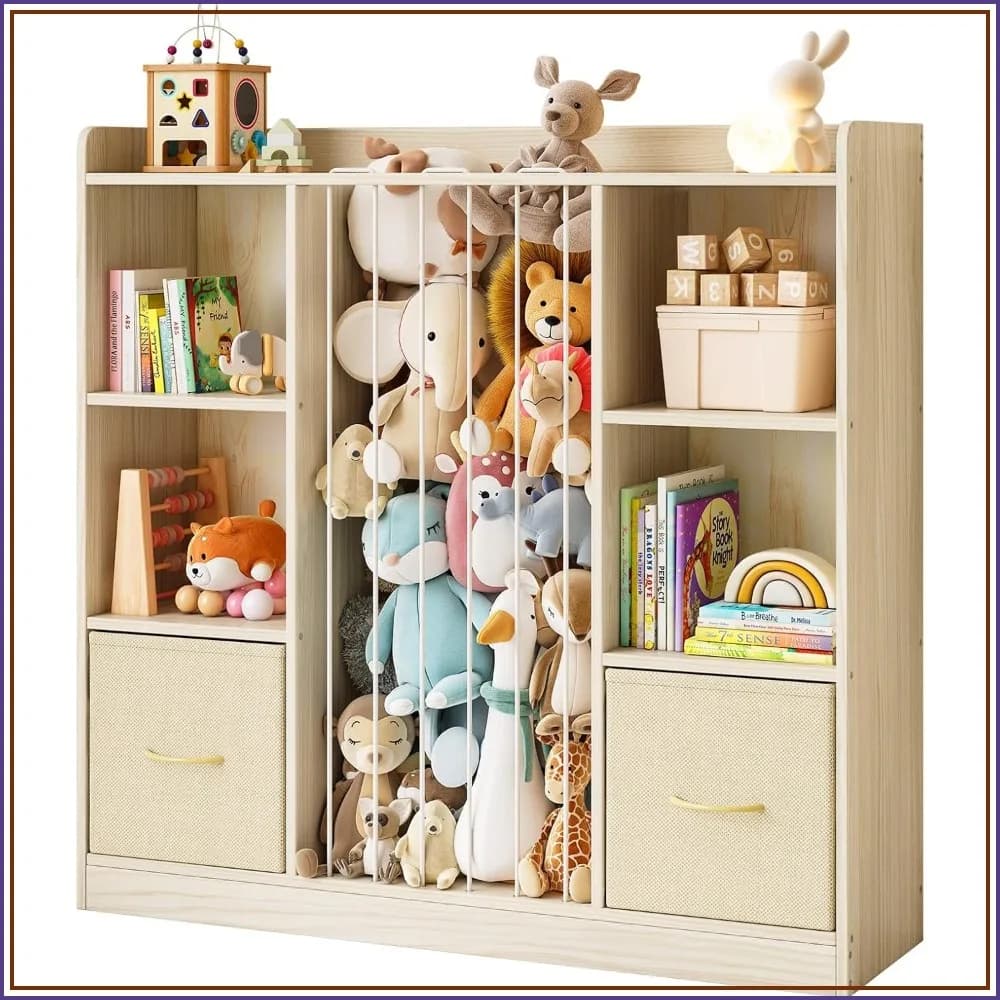 4-in-1 Toy Storage Organizer with Stuffed Animal Storage, Solid Pine Bookshelf and Toy Shelf, 6 Cube Shelf with 2 Removable Drawers, Stuffed Animal Zoo