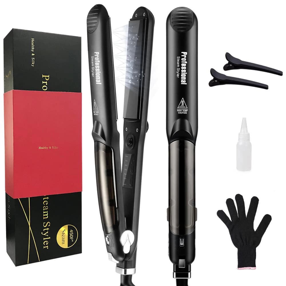 Piastra per capelli a vapore Piastra in ceramica tormalina Bigodino per capelli 450 ℉ Ferri da stiro professionali da salone a doppia tensione