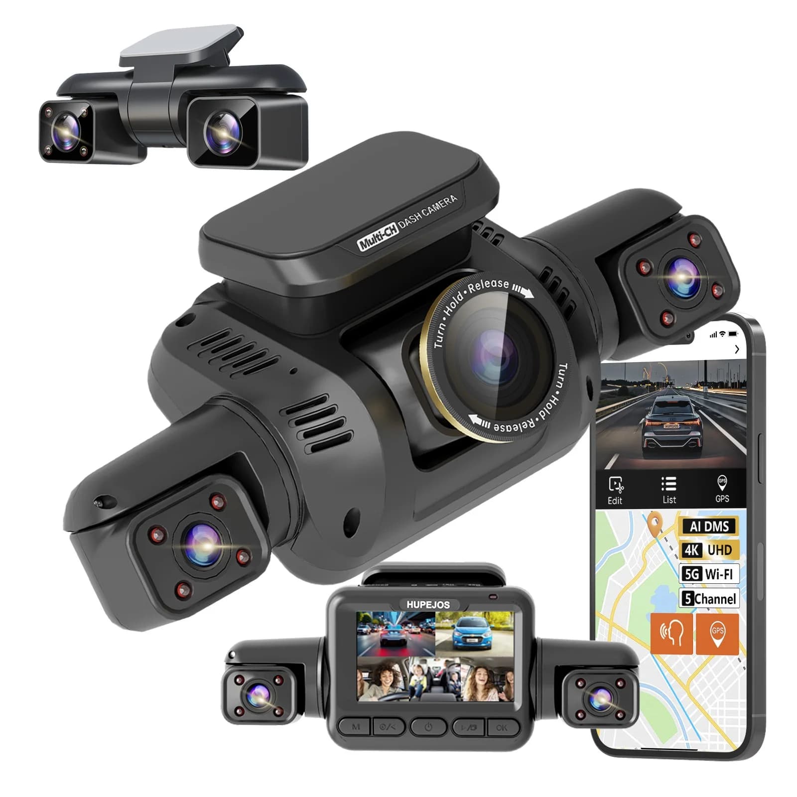Dash Cam a 5 Canali Anteriore Posteriore Sinistra Destra DVR Auto 4K Dash Cam 360 ° Dash Cam per Auto con AI DMS, WiFi 5G, GPS e CPL