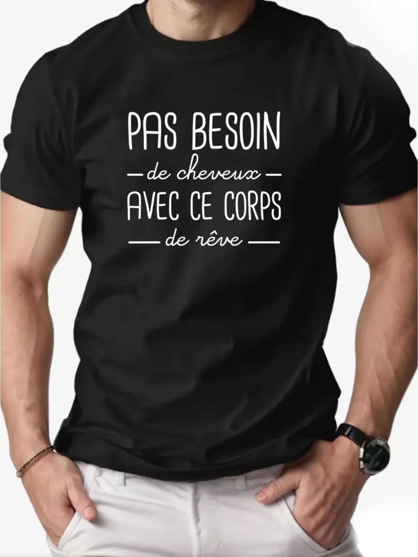 Men's T-shirt with French print "PAS BESSIN" and phrase in French, summer short sleeve shirt
