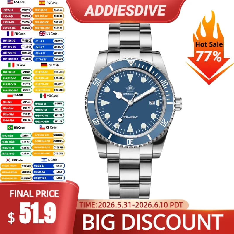 ADDIESDIVE New luxury men's watch with bubble glass, ceramic bezel, waterproof up to 200 m, BGW9 quartz underwater watch, bright steel man's watch