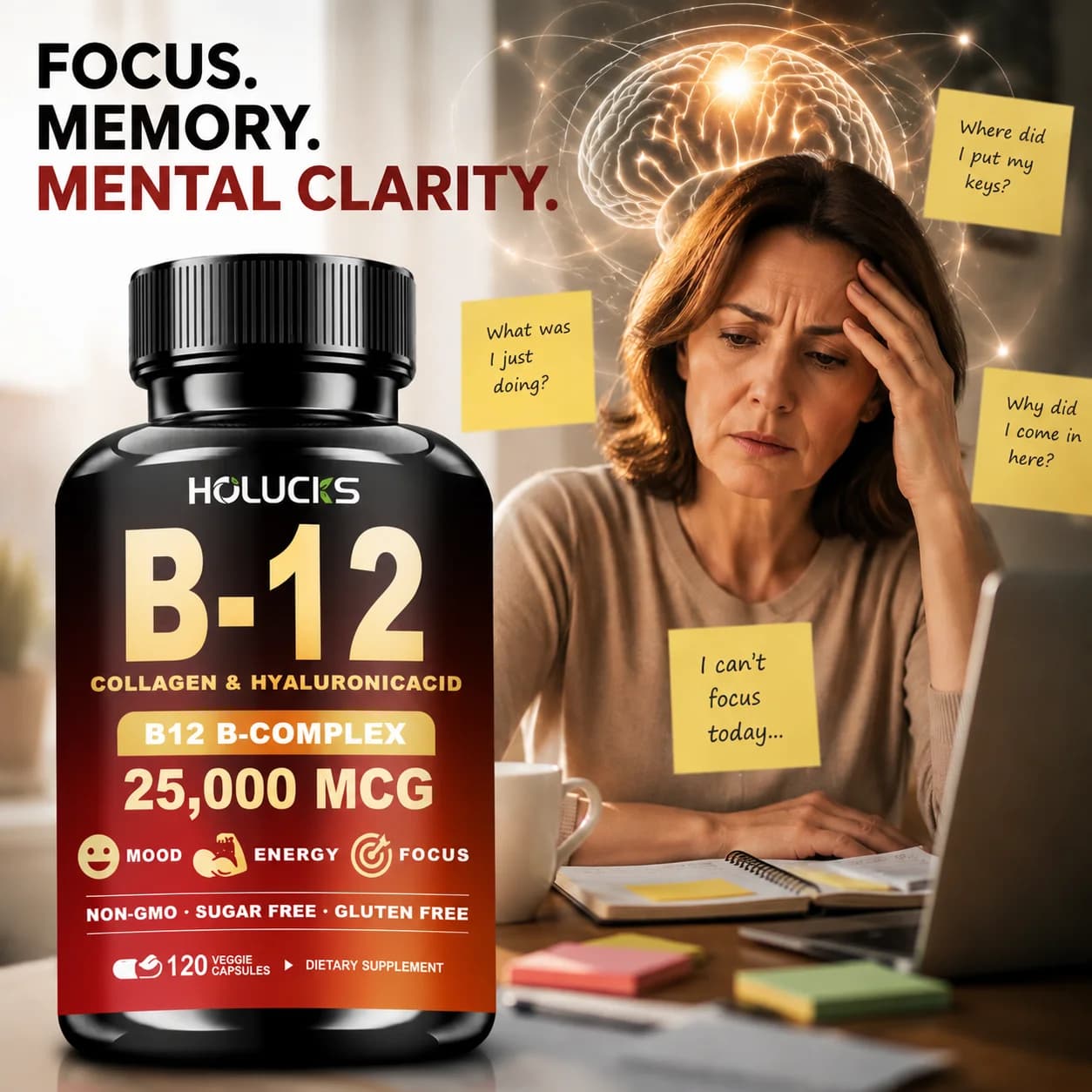 Vitamin B12 Supplement, with Vitamin A, Calcium, Supports Nervous System, Cardiovascular Health, Nourish Skin, Daily Vitality