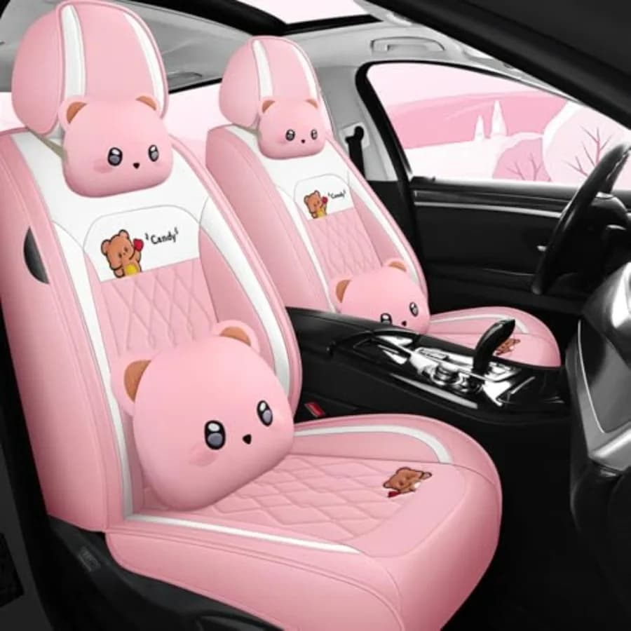 Cartoon Bear car seat cover 5-piece set for girls and women, PU leather material, pink color, universal fit for cars SUVs and p