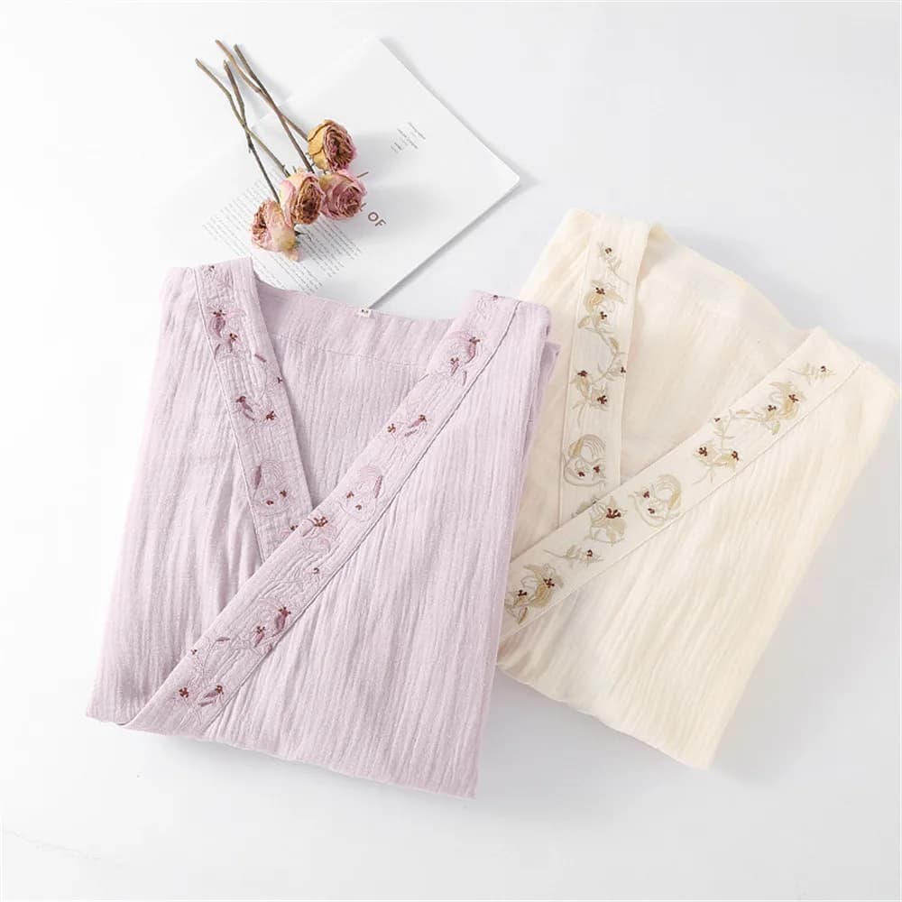 Embroidery with V-neck in cotton double layer of gauze Kimono women's nightwear Vestaglie Primavera Estate Slim long-sleeved hoods