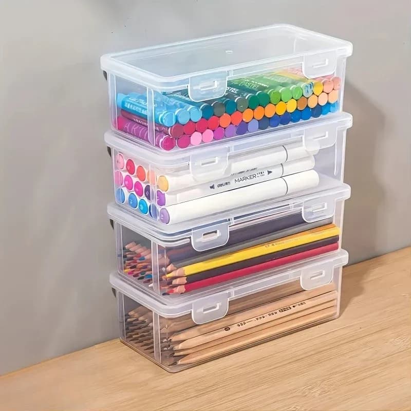 2 large capacity transparent plastic pencil stickers, portable containers with tension closure, for oil pastels and wax pastels