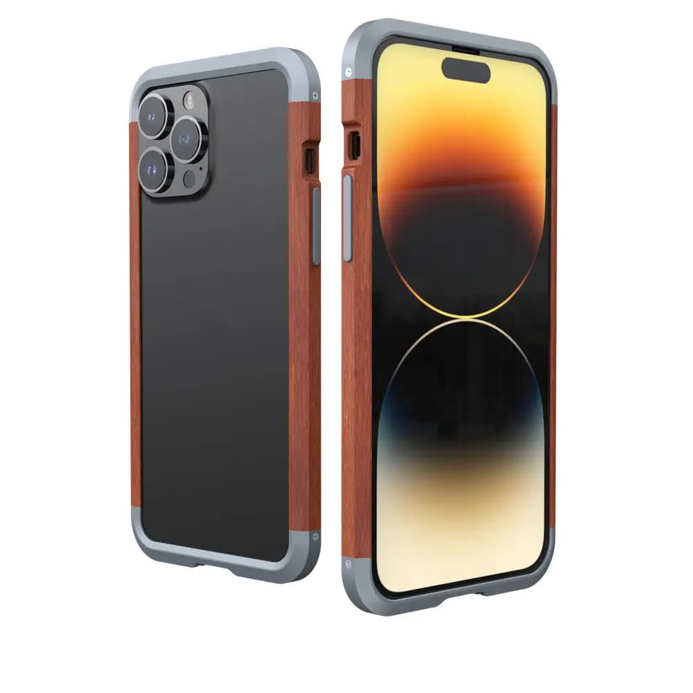 R-JUST 2nd Luxury Metal Wood Frame Case for iPhone 15 Pro Max XR XS Max 11 12 13 Pro 14 Plus Contrast Metal & Wood Bumper Case