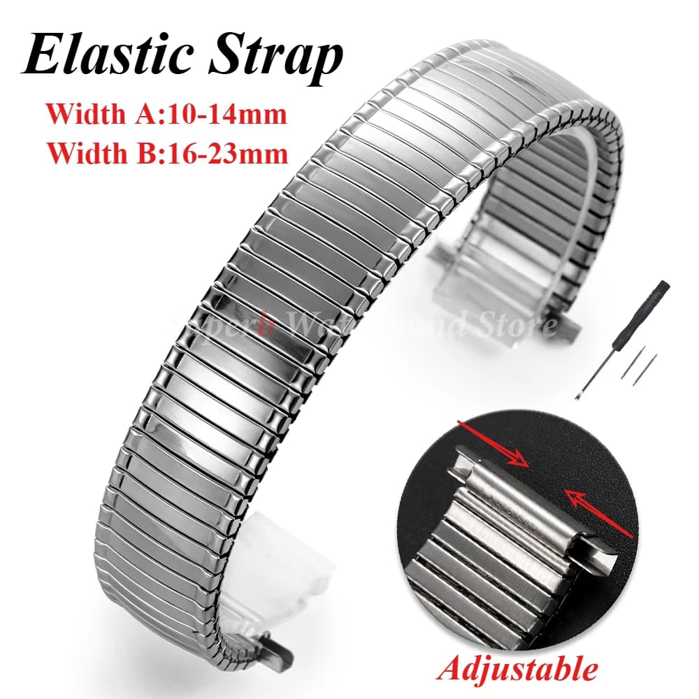 Cinturino per orologio in acciaio inossidabile Larghezza regolabile Cinturino elastico 10-14mm 16-23mm Espansione Argento Donna Uomo Bracciale Accessori