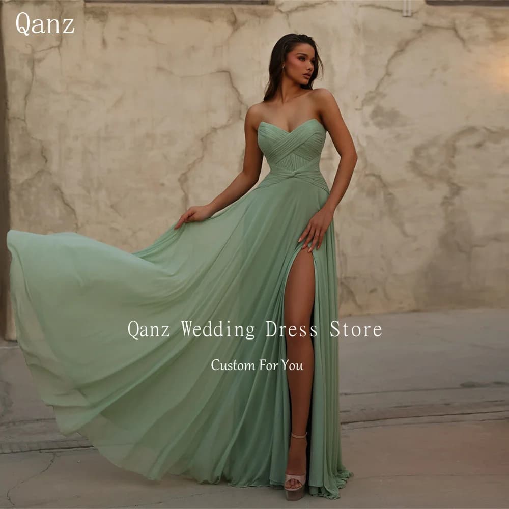Qanz Elegant Sage Green Prom Dress High Slit Floor Length Women Evening Gowns Sweetheart Backless Vestidos De Gala Customized