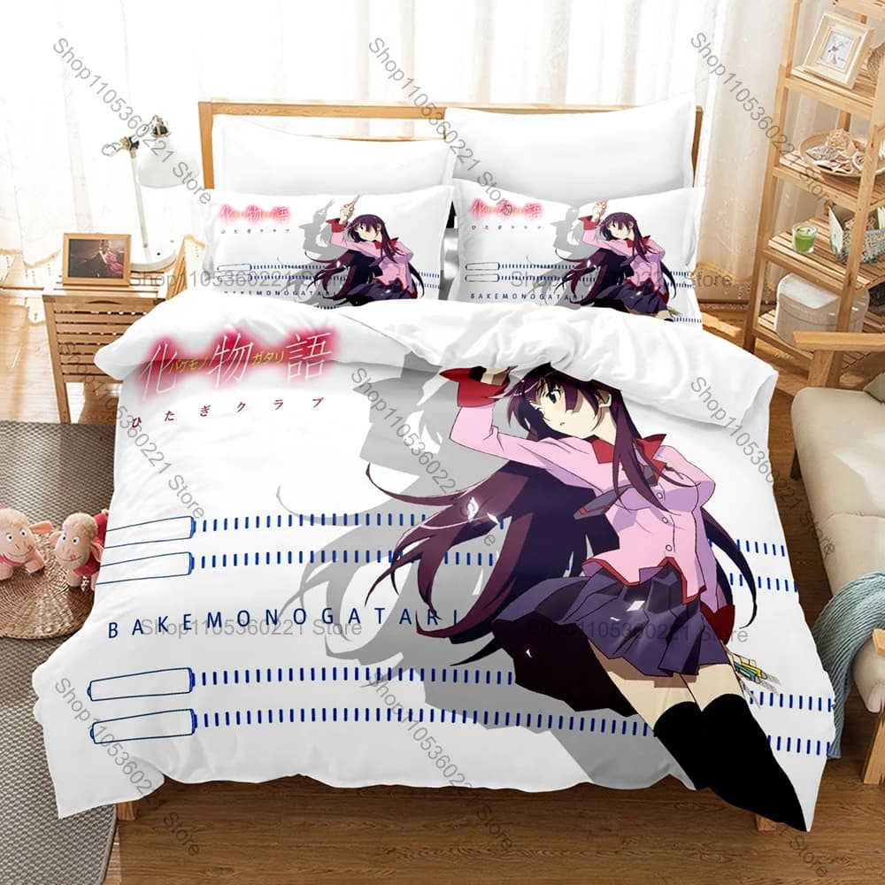 Cool Popular Light Novel Anime Monogatari Series Bedding Set 1 Duvet Cover + 2 Pillowcases HD Digital Print Bed Linen