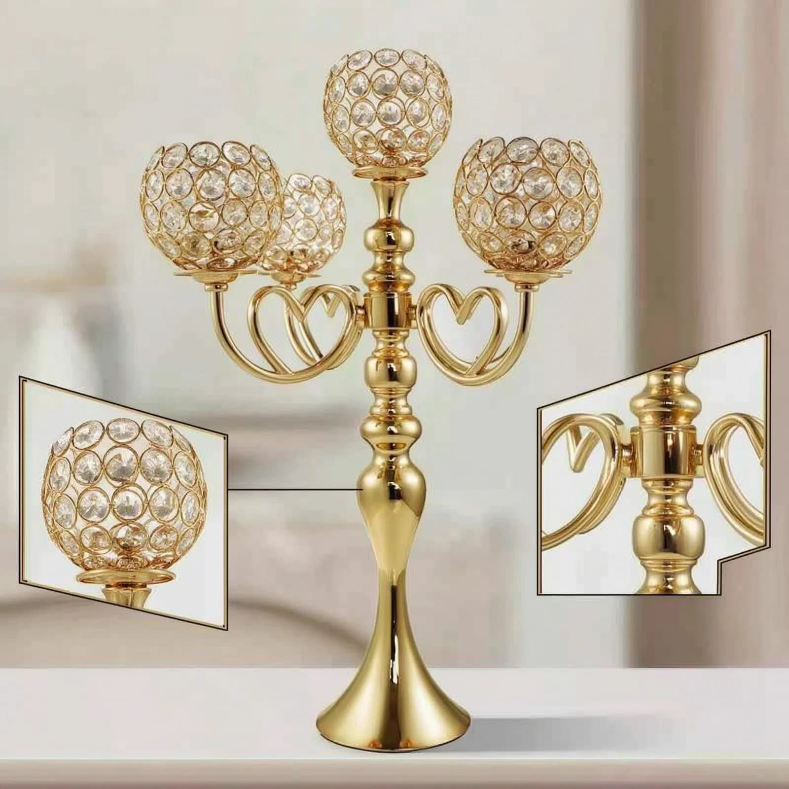 Candelabra with Crystal Beads Gold-Toned Candelabra Centerpiece Candle Holder with Crystal Bowls Easy to Clean