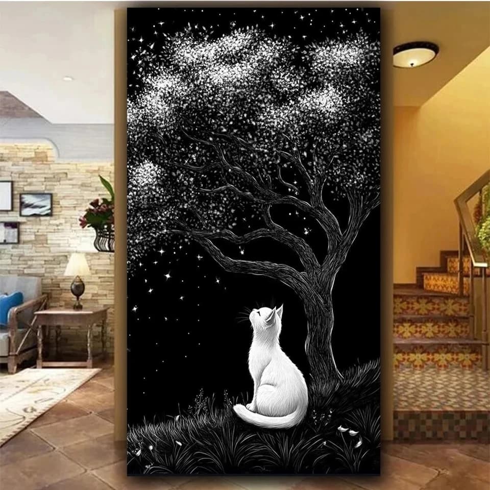 Kit Pittura Diamante Fai da Te: Gatto Bianco Misterioso e Albero Nero, Gioielli, Punto Croce, Mosaico di Cristalli, Decorazione per la Casa