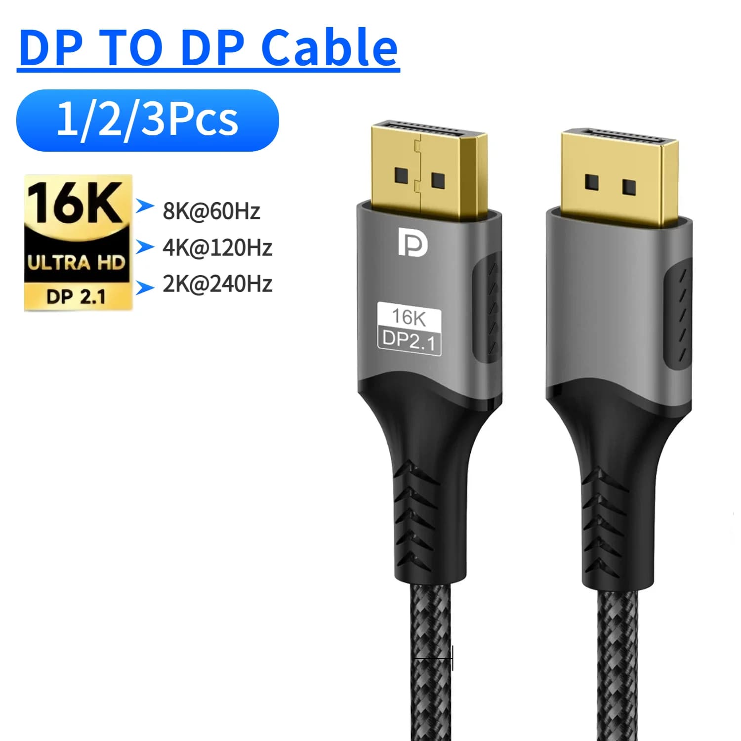 Cavo DisplayPort 2.1 16K DP da 80 Gbps (Confezione da 5) [Opzioni da 1/2/3 Pezzi] Cavo Video 4K@240Hz 8K@120Hz per Monitor da Gaming