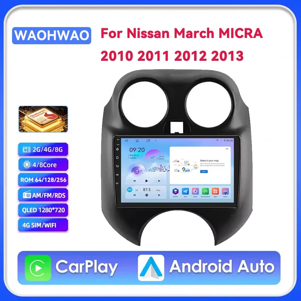 Autoradio Android 16 con Carplay per Nissan March MICRA 2010-2013, Lettore Multimediale Audio Video con GPS e DSP