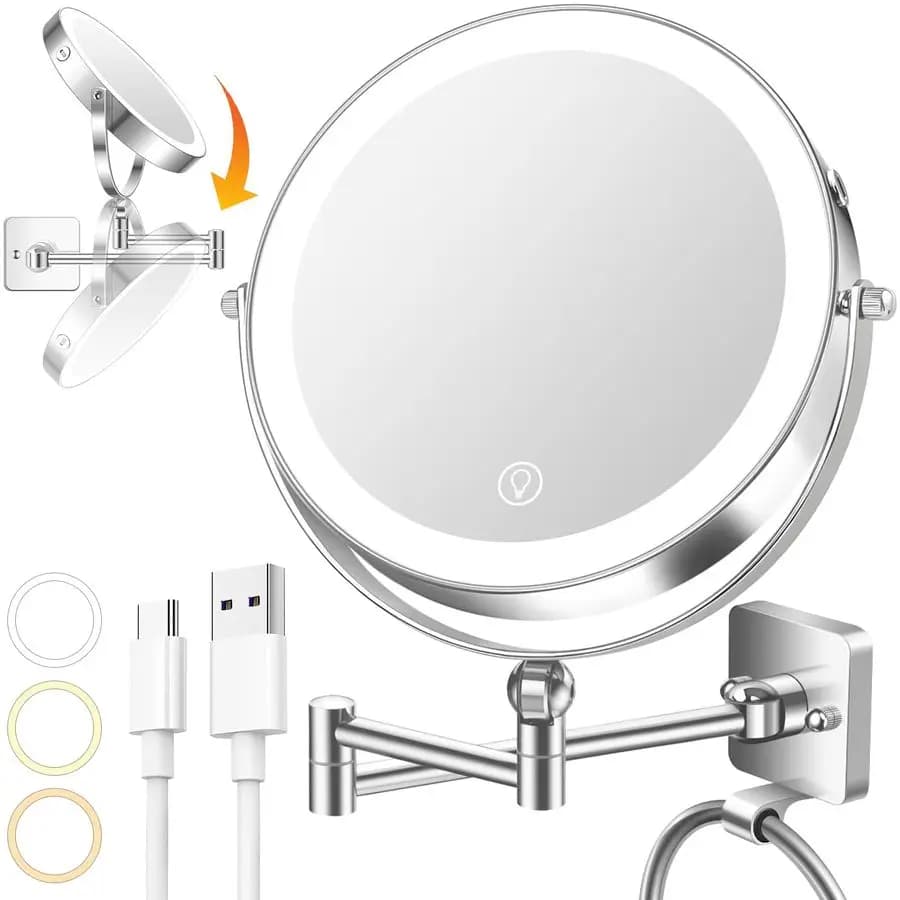 Grande Specchio da Parete per Trucco, Specchio Illuminato Regolabile in Altezza, Specchio Bifacciale 8X, Specchio Ingranditore 1X 10X per Bagno, 3