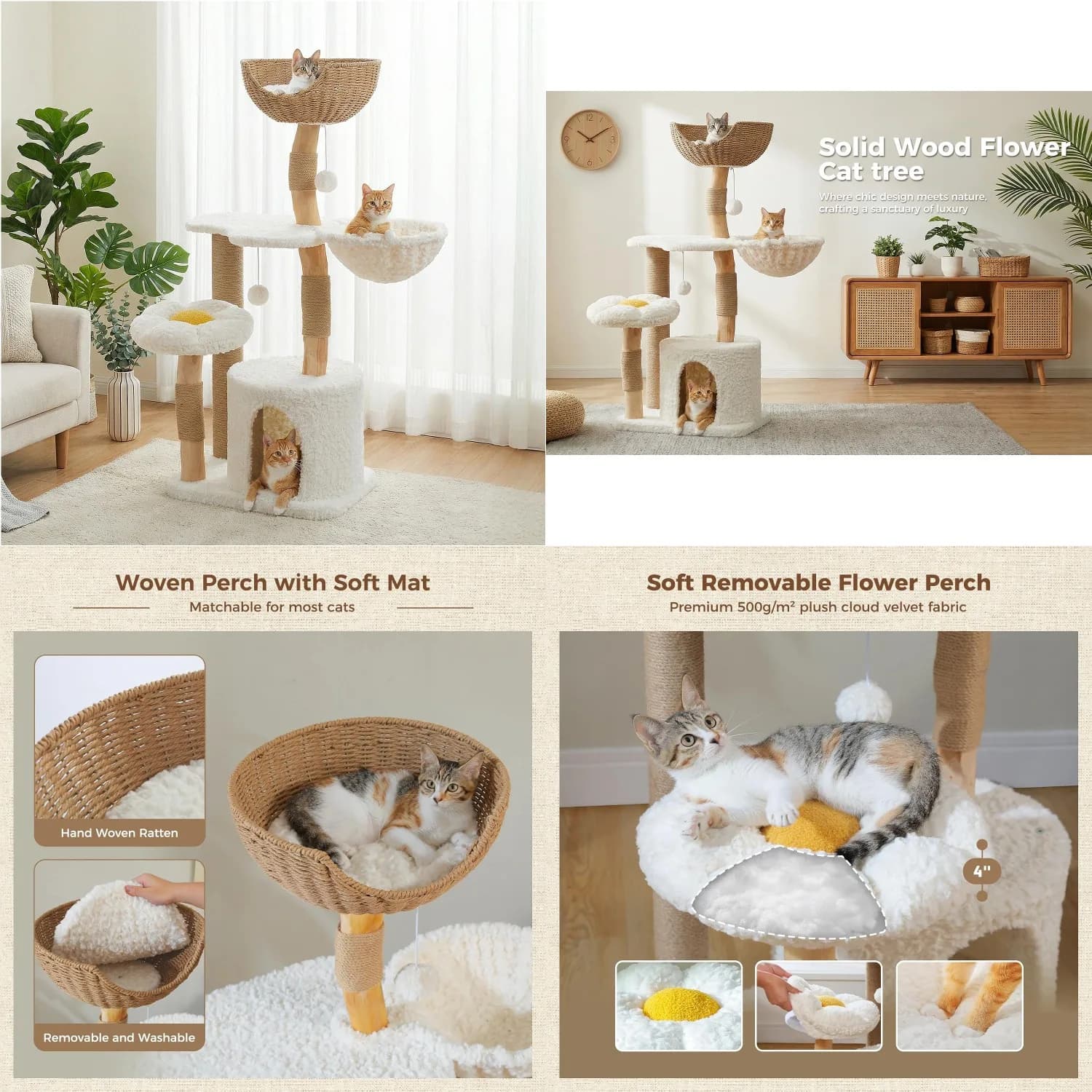 Albero per Gatti Moderno da 48,5'' in Legno Massello per Gatti da Interno con Cuccia di Lusso, Amaca Accogliente, Tiragraffi, Personalizzabile