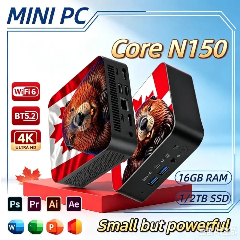 2026 Canada Flag Themed Mini PC Intel Core N150 16GB RAM 2TB SSD WiFi6 BT5.2 4K HD Small Desktop for Home Business Office